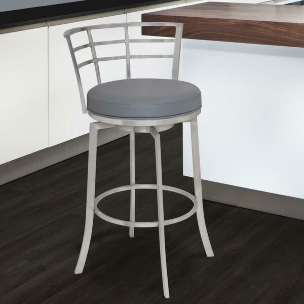 Armen Living Viper 30 in. Bar Height Swivel Barstool in Brushed Stainless Steel with Grey Faux Leather LCVI30BAGR